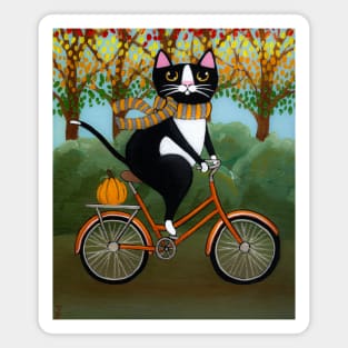 Tuxedo Cat Autumn Bicycle Ride Magnet